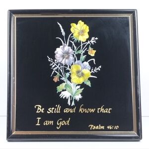 Vintage Floral Religious Wall Plaque Pansies Etched Foil Art Psalm 46:10 Kafka